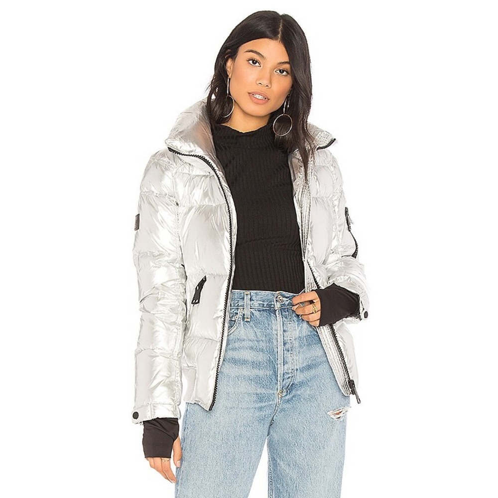 SAM New York Freestyle Down Puffer Jacket Metallic Silver Womens Small Bomber - Picture 15 of 16